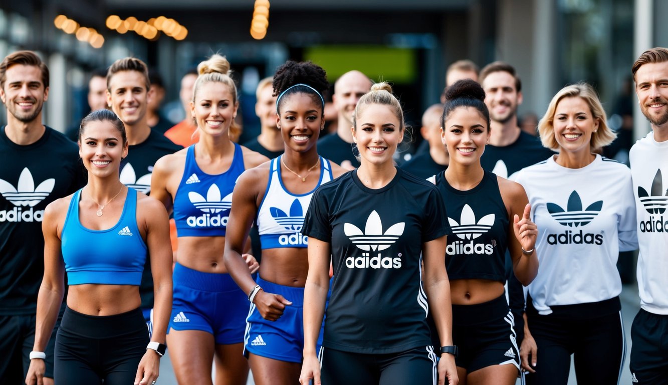 A group of athletes wearing adidas gear and participating in various sports, surrounded by happy customers wearing adidas clothing