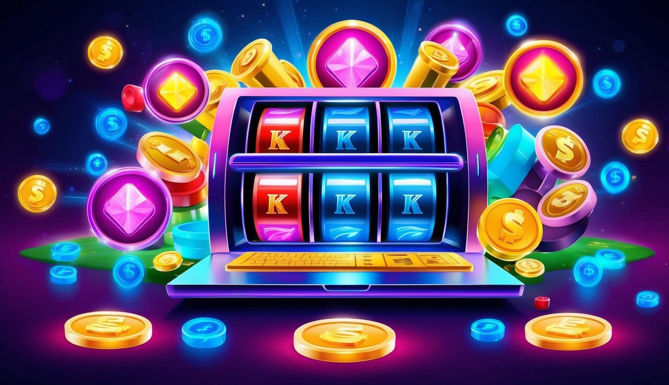 Sebuah mesin slot online yang berwarna-warni dan cerah dikelilingi oleh simbol bonus yang bersinar dan antarmuka situs web yang dapat dipercaya