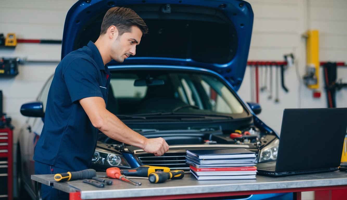 A person working on a car in a garage, tools scattered around, with a stack of car manuals and a laptop open on a workbench