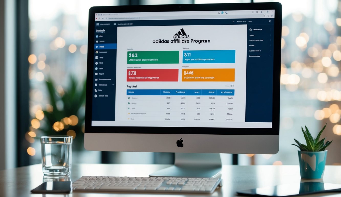 A computer screen displaying the adidas affiliate program dashboard with payment and payout information