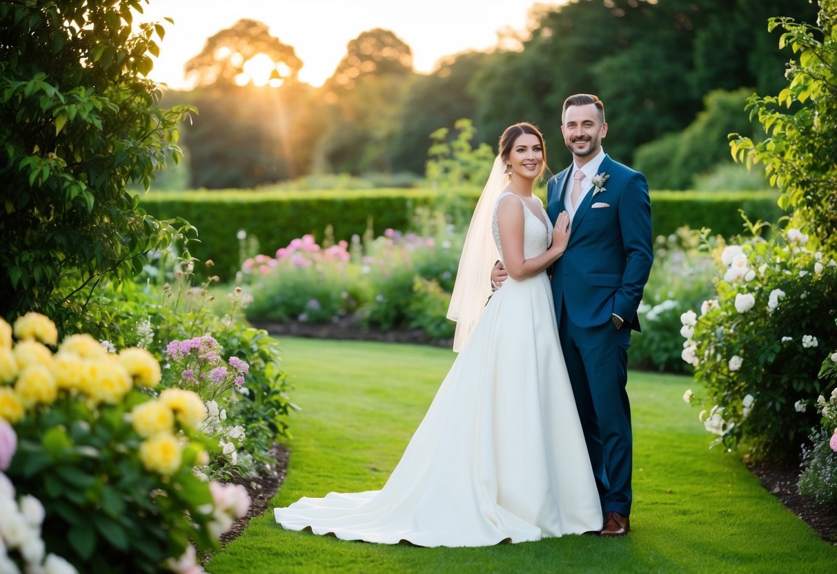 A bride and groom stand in a garden surrounded by lush greenery and blooming flowers, with a soft sunset casting a warm glow over the scene