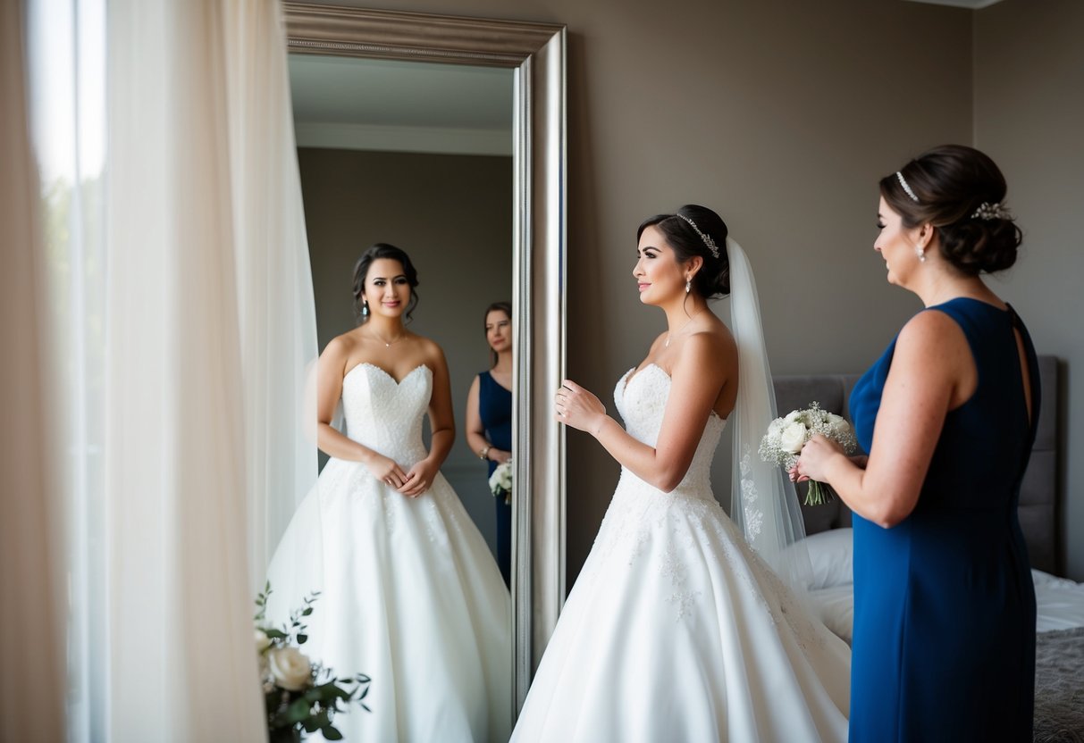A bride standing in front of a full-length mirror, holding her wedding dress in front of her while contemplating whether to reveal it to her husband