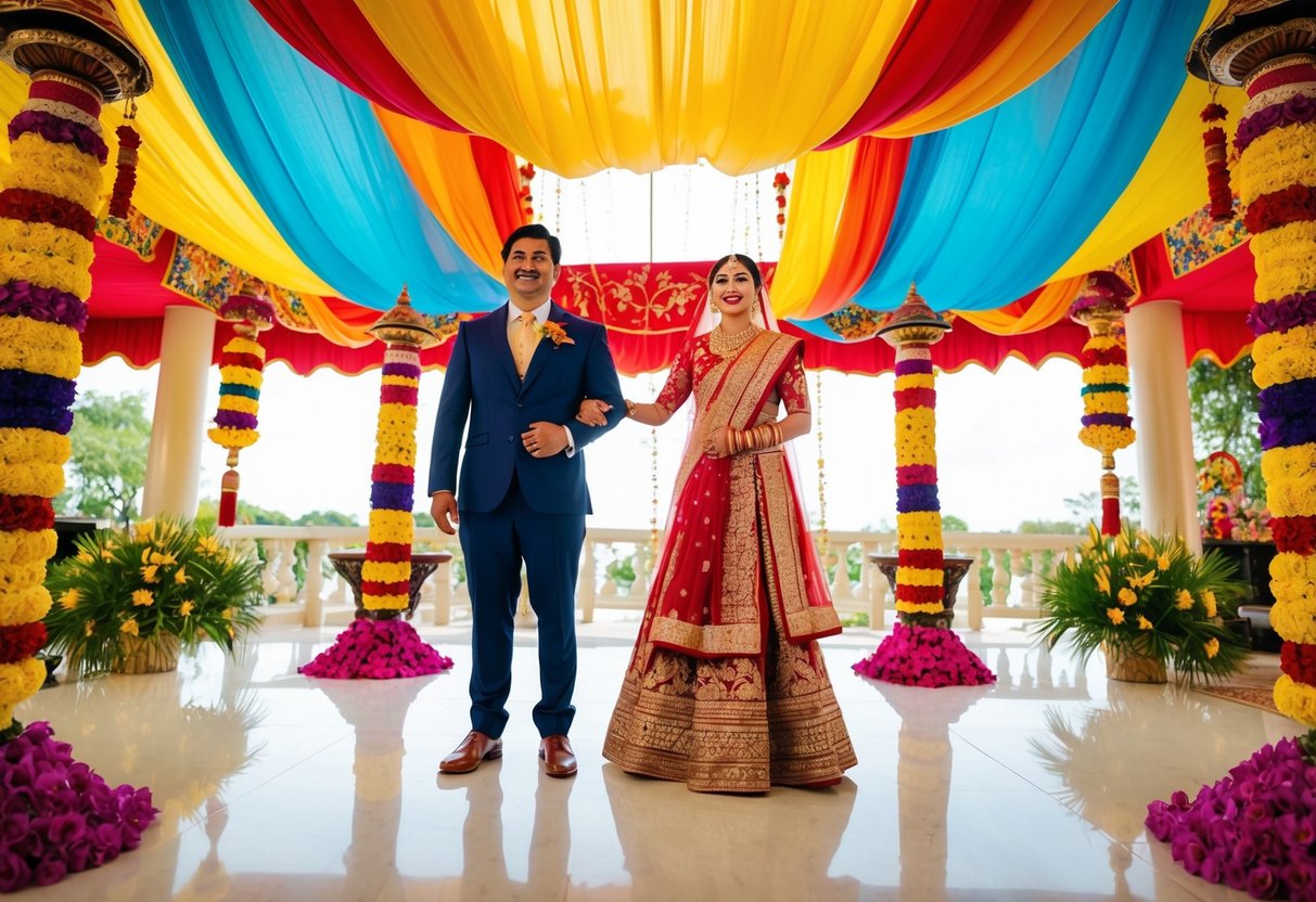 A bride and groom stand under a canopy of colorful fabric, surrounded by vibrant floral decorations and traditional cultural symbols