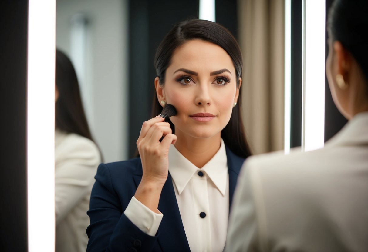 A woman with a neutral expression wearing a formal outfit and applying makeup in front of a mirror