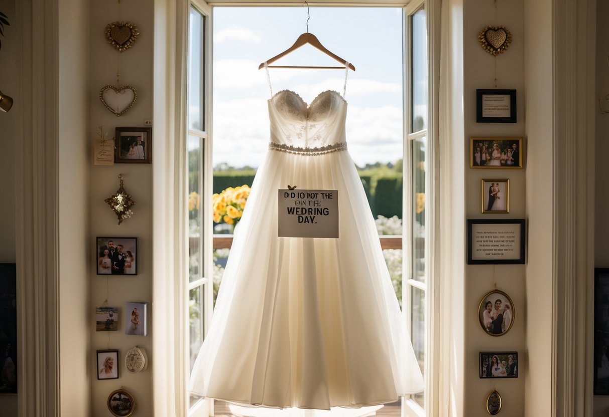 A bride's dress hanging in a sunlit room, surrounded by personal mementos and unique decorations, with a note reading "Do not enter until the wedding day."