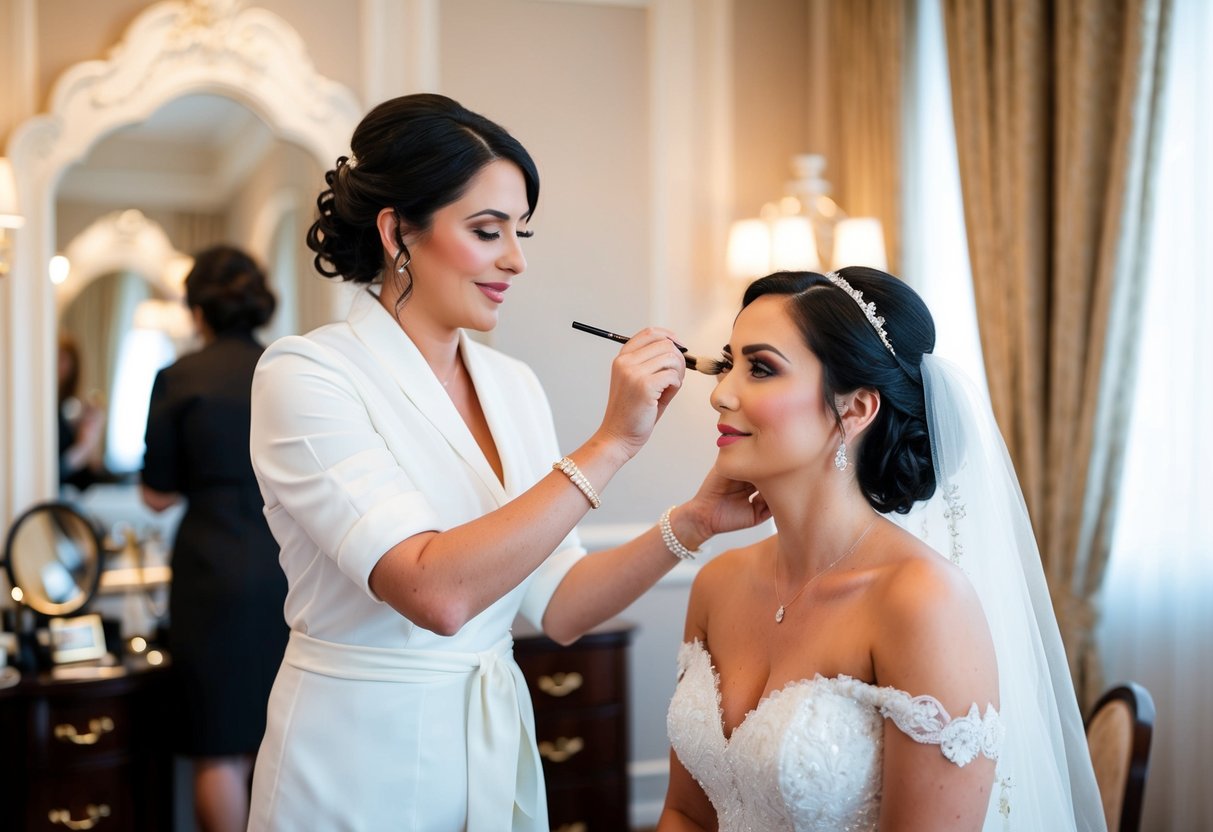 A bride receiving makeup application from a professional artist in a well-lit, elegant dressing room