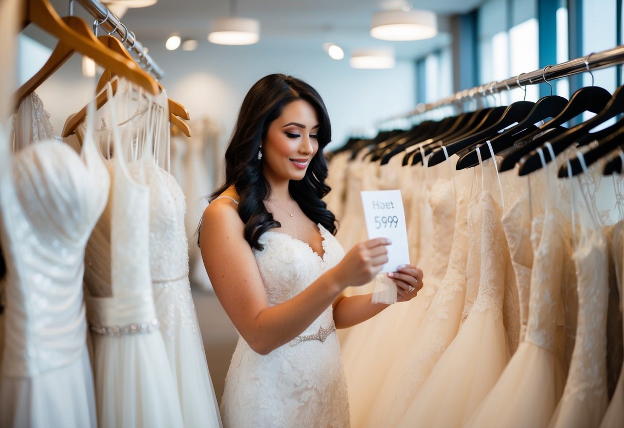 A woman browsing through racks of wedding dresses, carefully examining price tags and considering her budget