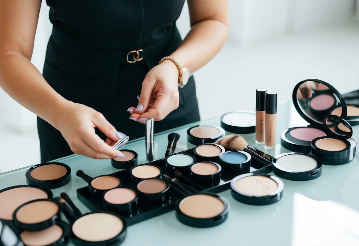 A makeup artist carefully selects wedding makeup shades and products, arranging them on a clean, organized tabletop