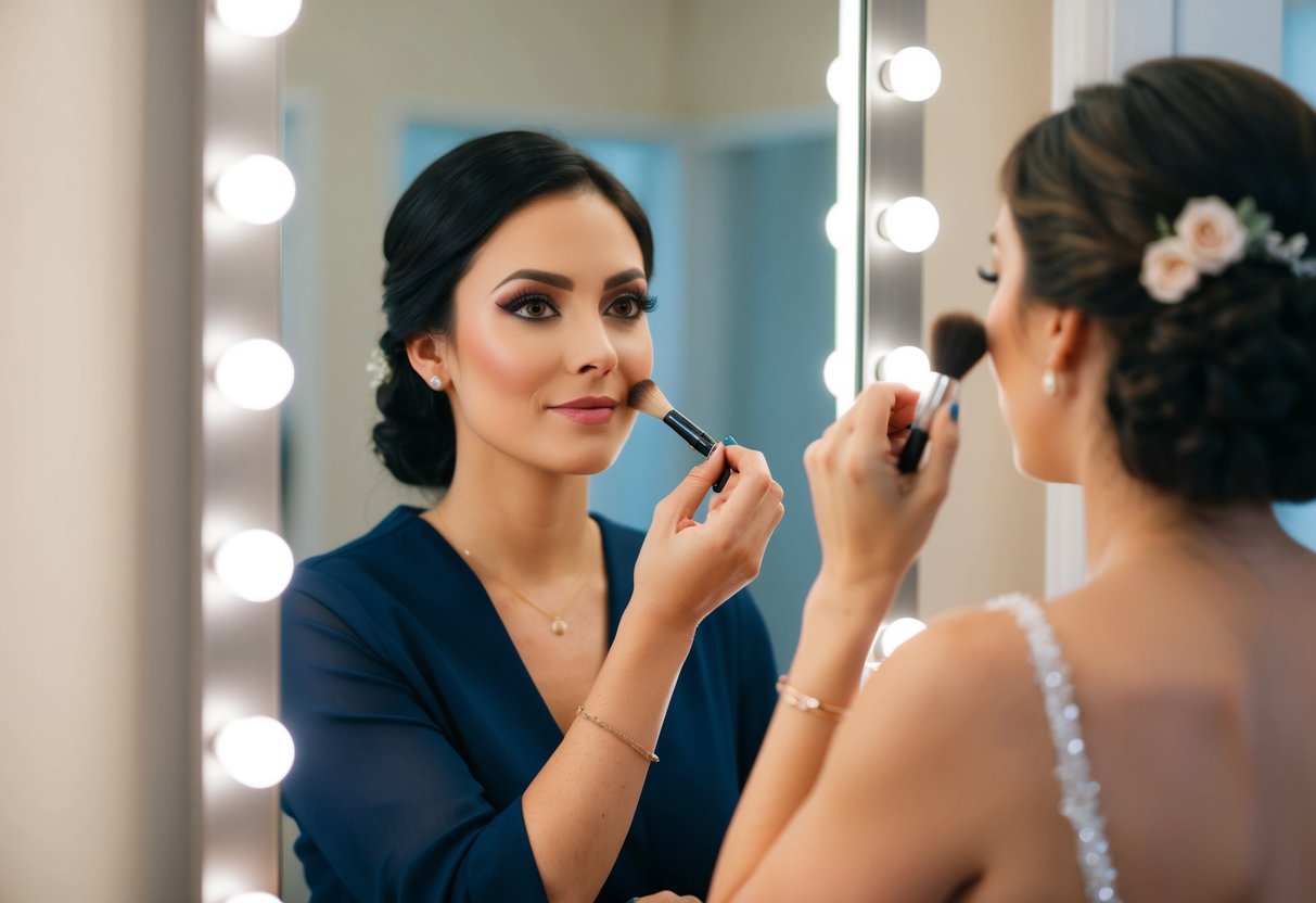 A woman applying makeup in front of a mirror, carefully blending colors and enhancing her features for a wedding
