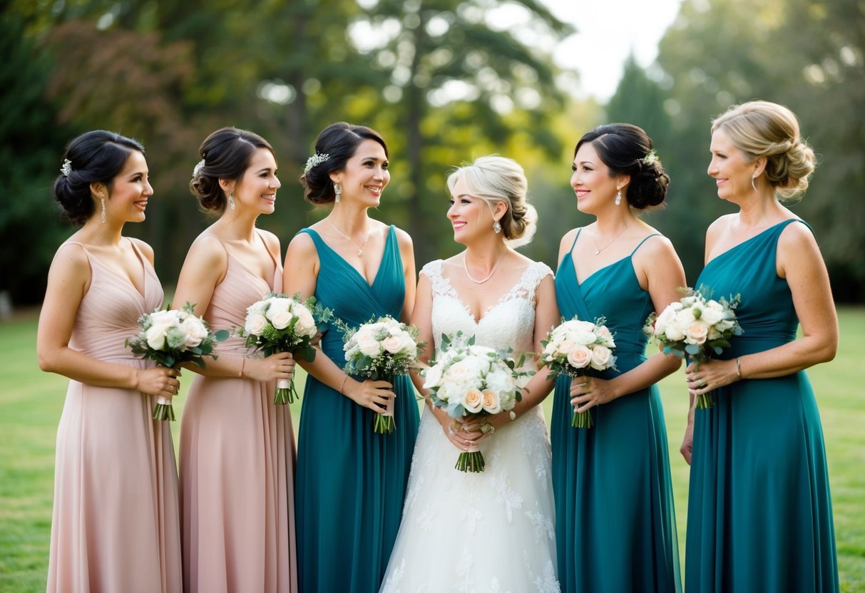 A group of women in matching dresses stand together, with the mother of the groom wearing the same color as the bridesmaids