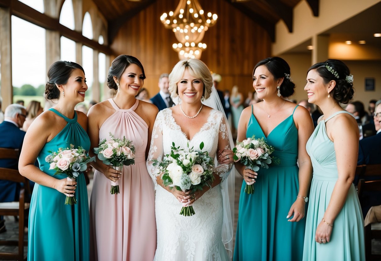 A mother of the groom and bridesmaids in matching color dresses at a wedding venue