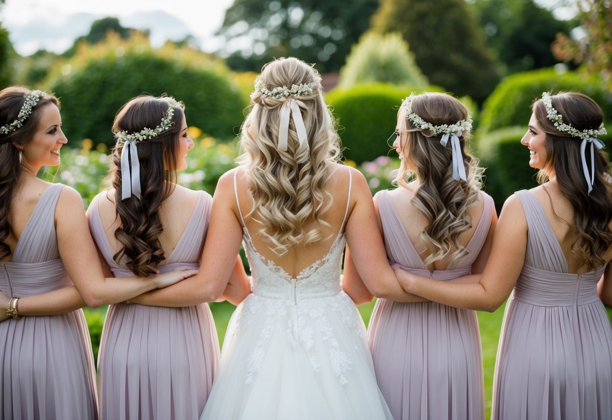 A bride and her bridesmaids with matching hairstyles stand together in a garden, their hair adorned with flowers and ribbons