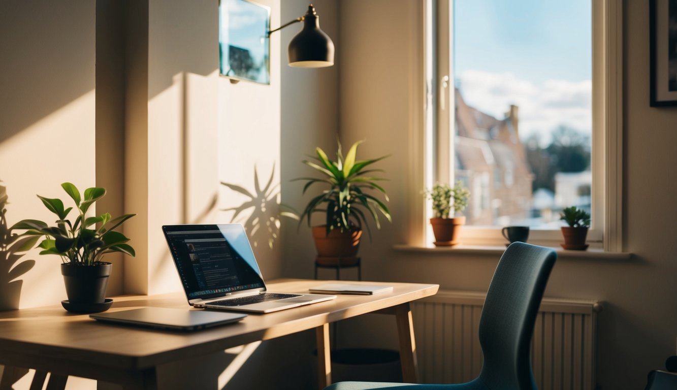 A cozy home office with a laptop, desk, chair, and plant. Sunlight streams in through a window, creating a warm and inviting atmosphere for remote work