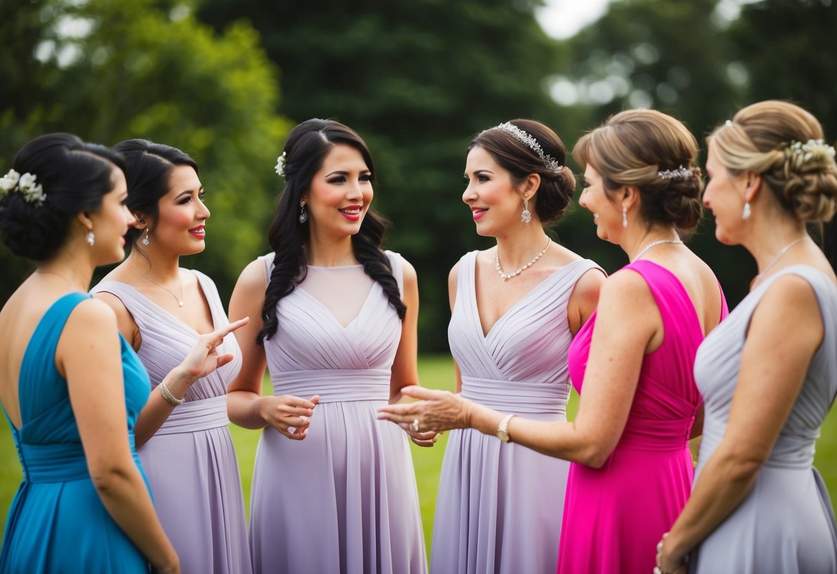 A group of women in matching dresses stand in a circle, discussing and gesturing. The mother of the groom wears a similar color dress, adding to the coordination