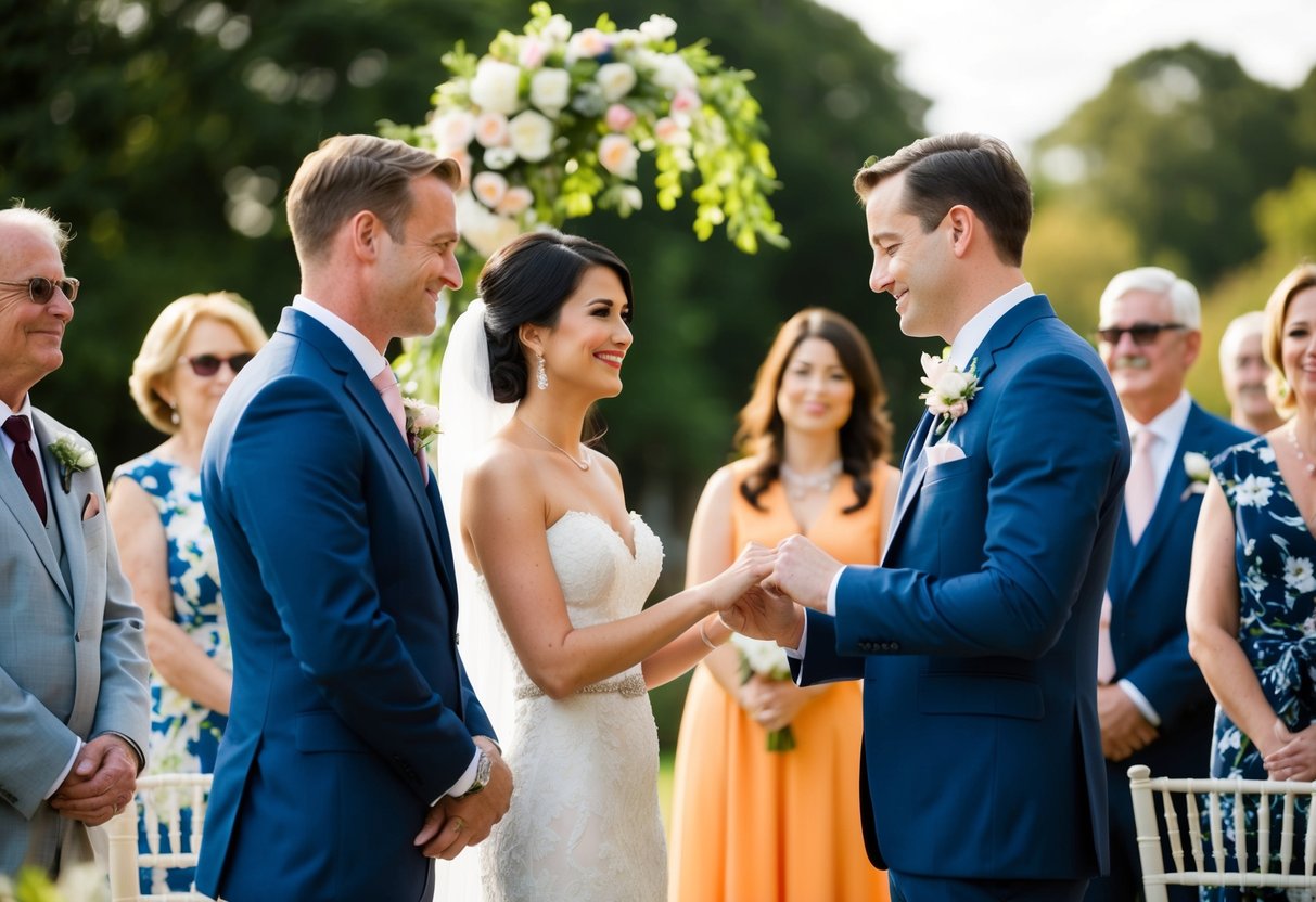 Guests in elegant attire admire a bride and groom exchanging vows in a beautiful outdoor setting