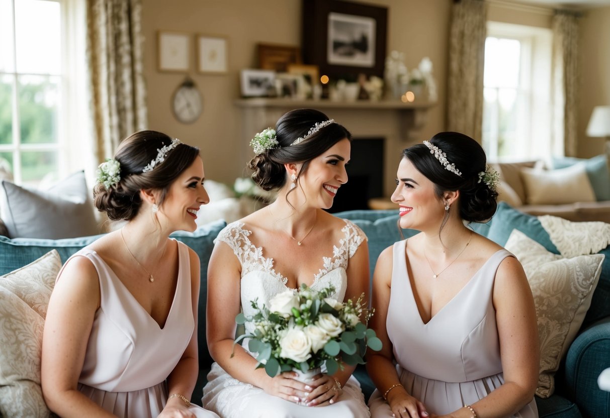 A bride and bridesmaids with matching hairstyles in a cozy, elegant setting, surrounded by personal items and comfortable seating