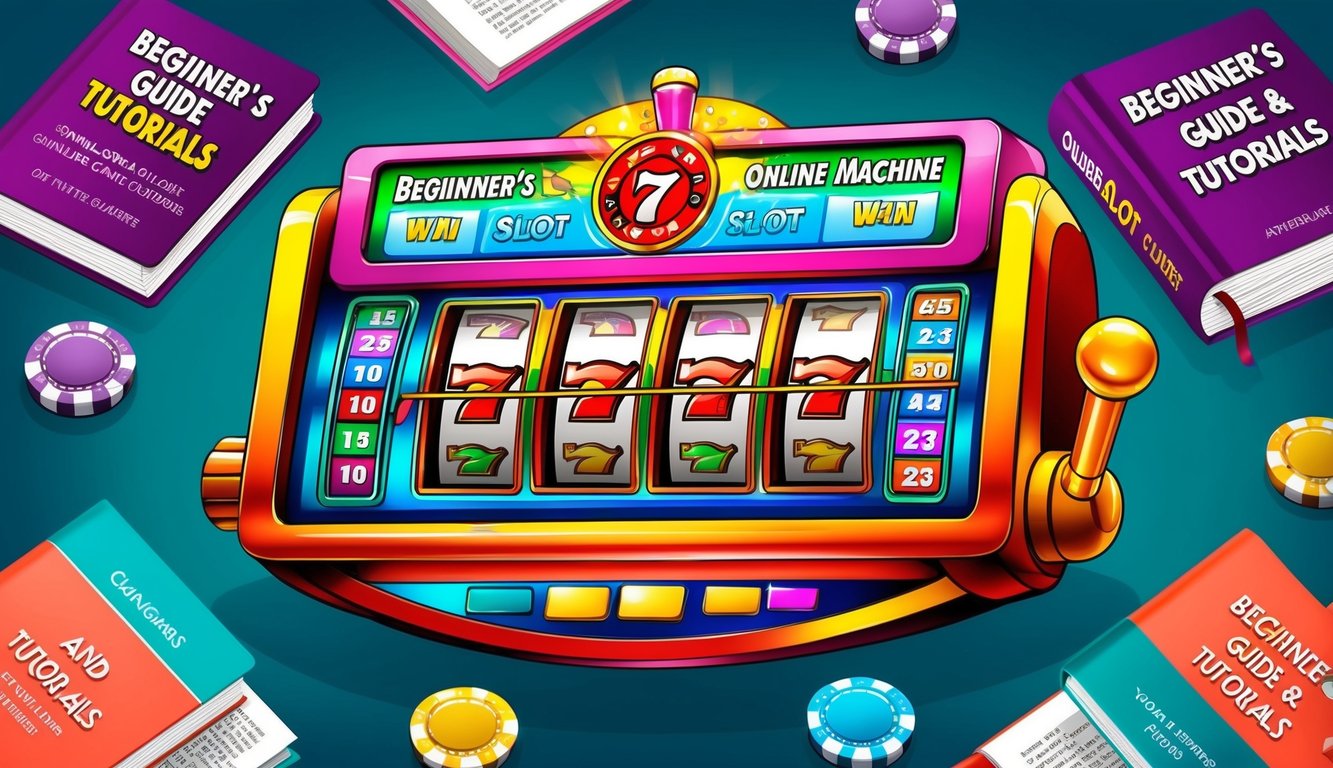 Sebuah mesin slot online yang berwarna-warni dan cerah dikelilingi oleh buku panduan pemula dan tutorial