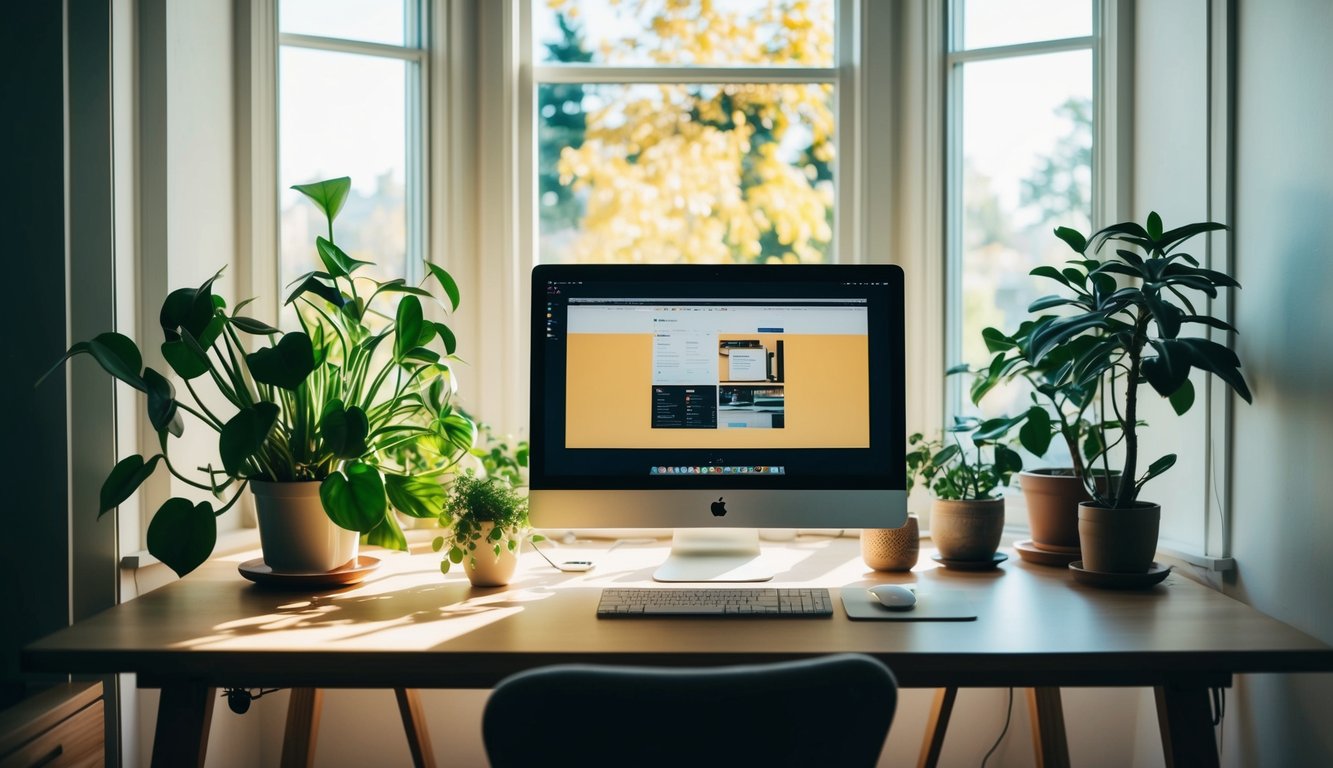 A cozy home office with a computer, desk, chair, and plants. Sunlight streams through a window, creating a warm and inviting workspace