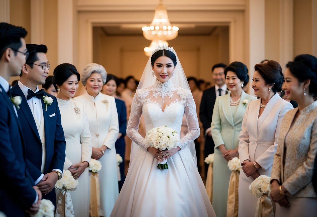 A bride wearing a modest, long-sleeved gown with intricate lace details, surrounded by guests in elegant, conservative attire at a traditional wedding ceremony