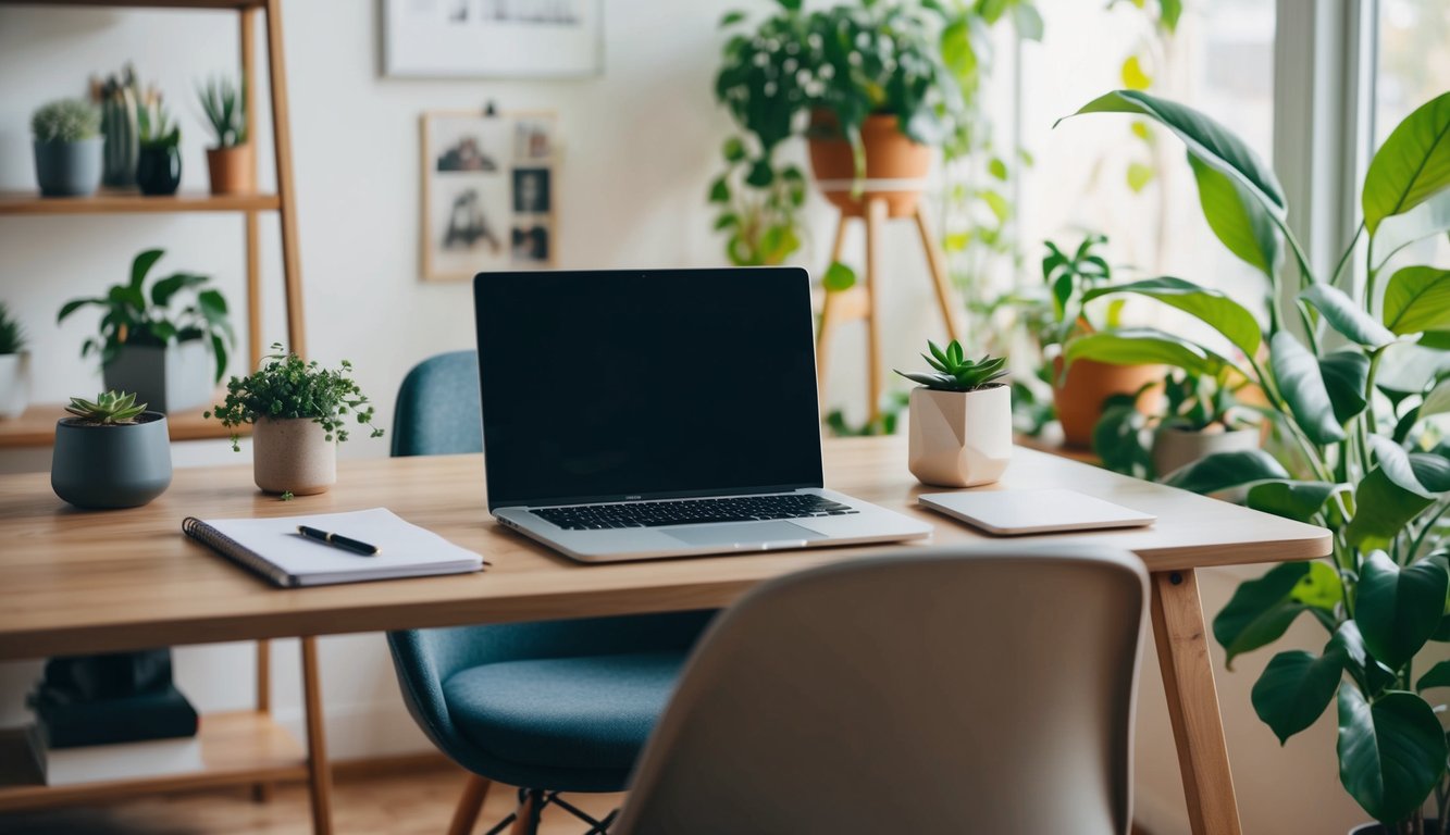 A cozy home office with a laptop, desk, and chair, surrounded by plants and natural light