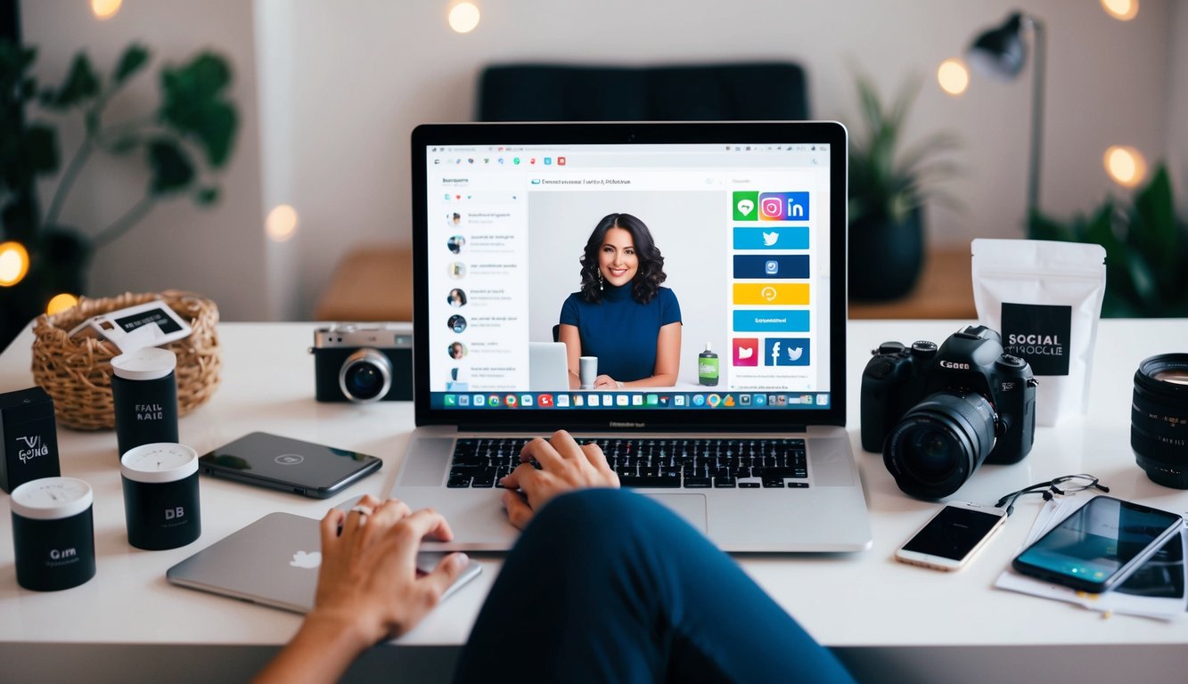 A blogger sitting at a desk, surrounded by a laptop, camera, and various brand products. Social media icons and outreach emails visible on the computer screen