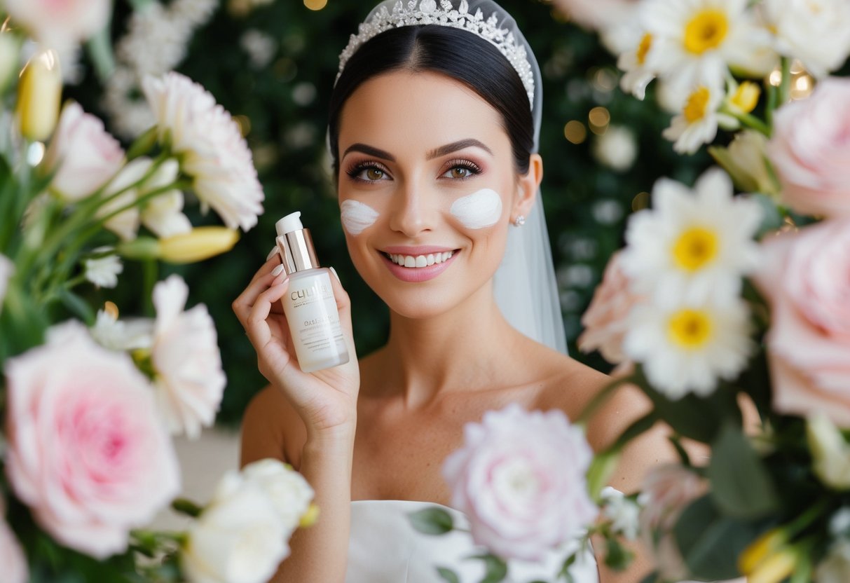 A bride-to-be applying skincare products with a radiant glow, surrounded by flowers and wedding accessories