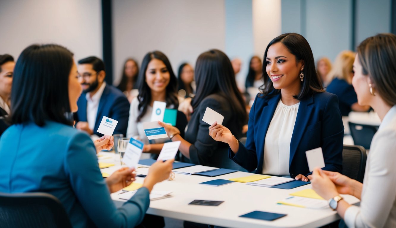 A blogger attending a networking event, exchanging business cards with brand representatives, and participating in a professional development workshop