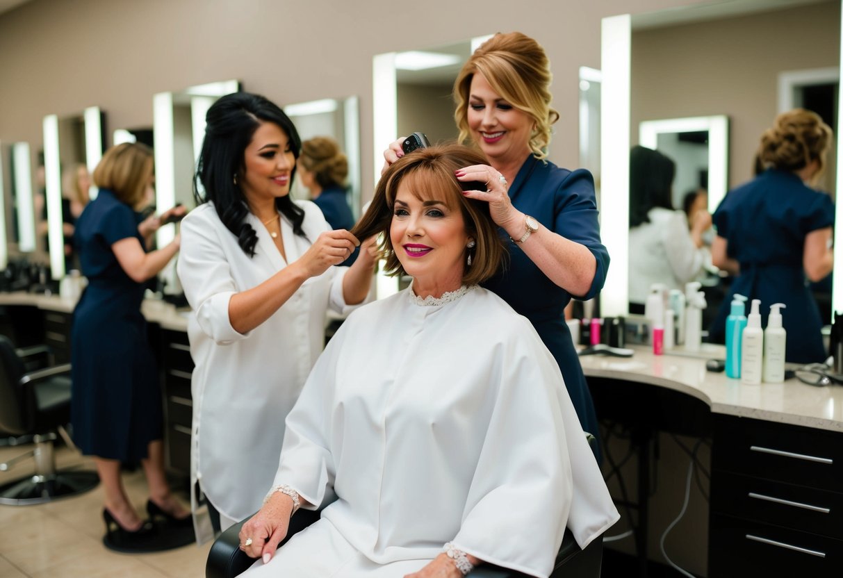 The mother of the bride should be depicted sitting in a salon chair, surrounded by hair stylists and mirrors, getting her hair done for the wedding