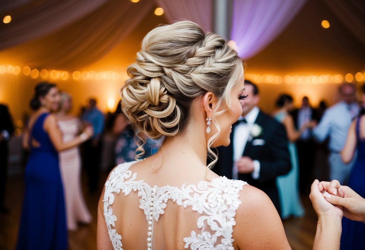 A bride's intricate updo holds firm through a joyful day of celebration and dancing