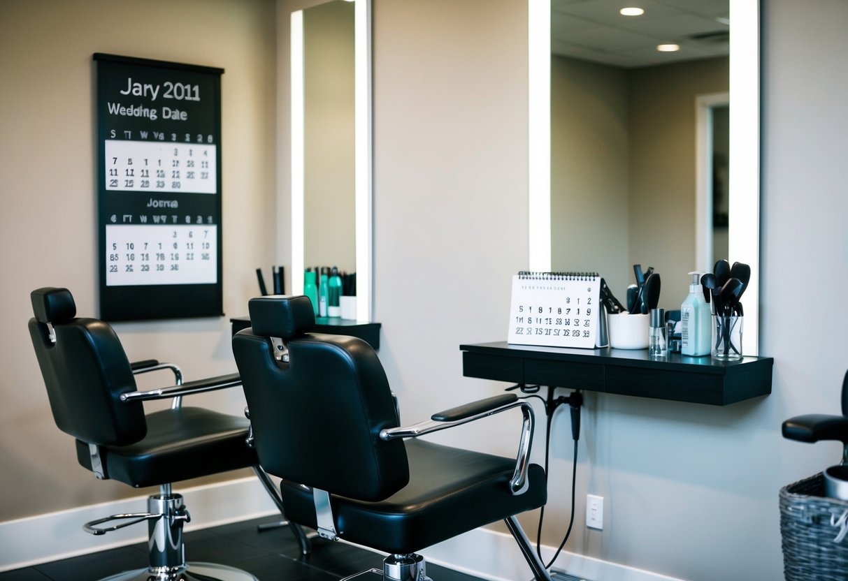 A salon chair with a mirror, hairstyling tools, and a calendar showing the wedding date