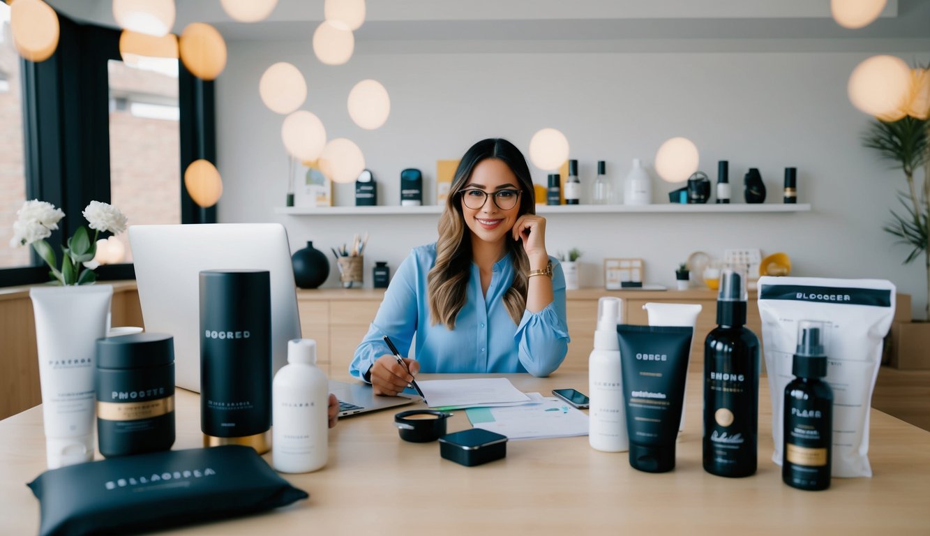 A blogger sitting at a desk surrounded by branded products, brainstorming content ideas and writing a collaboration proposal