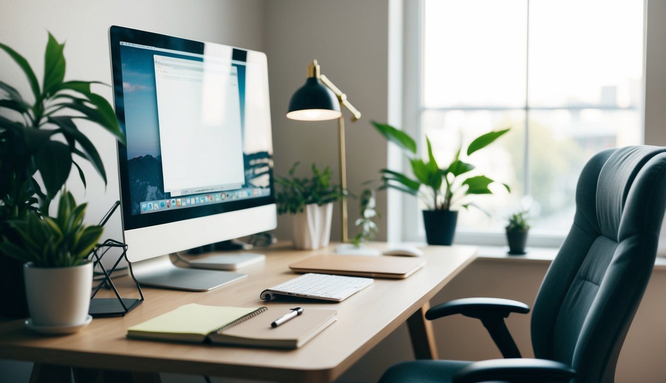 A clutter-free desk with a computer, notebook, and pen. A comfortable chair, natural light, and plants create a productive home office