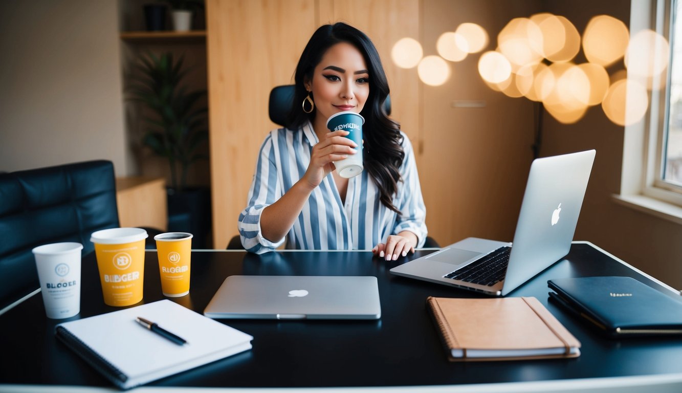 A blogger sitting at a desk, surrounded by a laptop, notebook, and branded products. The blogger is typing on the computer while sipping a branded drink