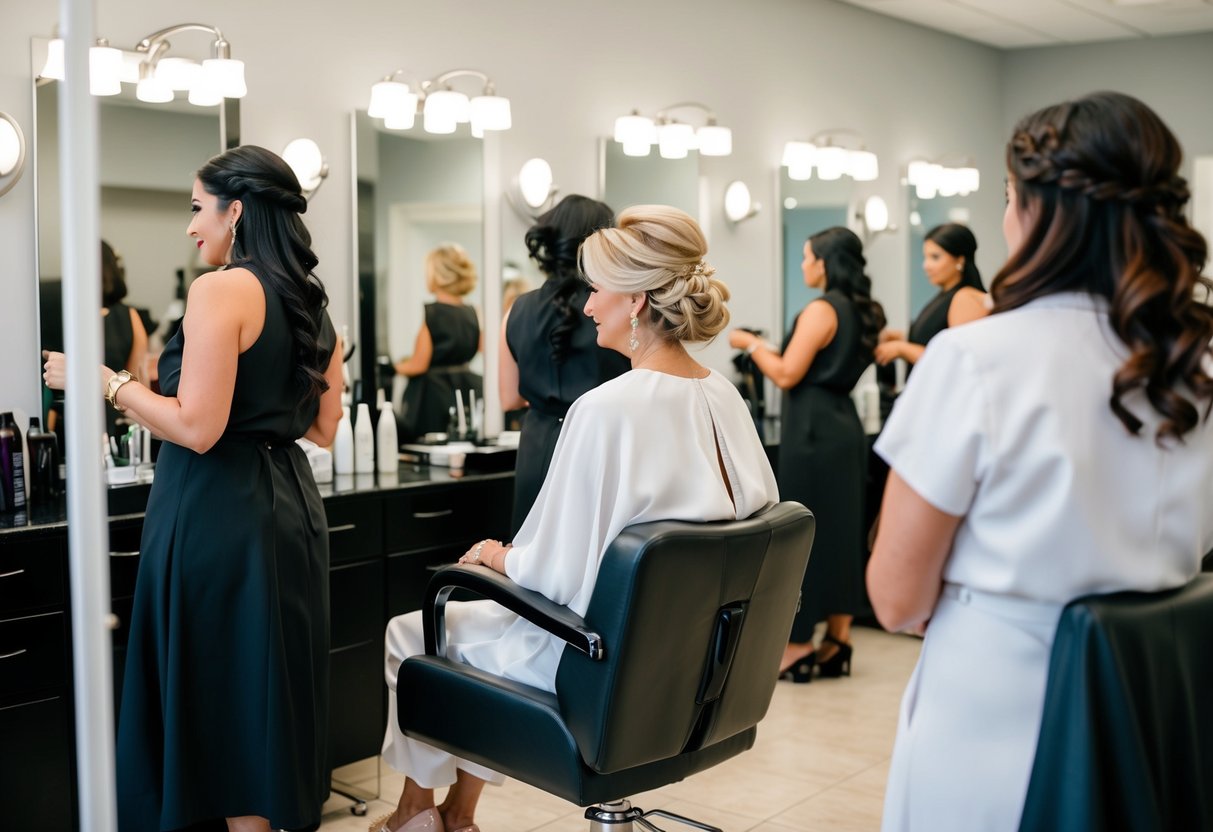 A mother of the bride sits in a salon chair, surrounded by hairstylists and mirrors, contemplating her perfect hairstyle for the upcoming wedding