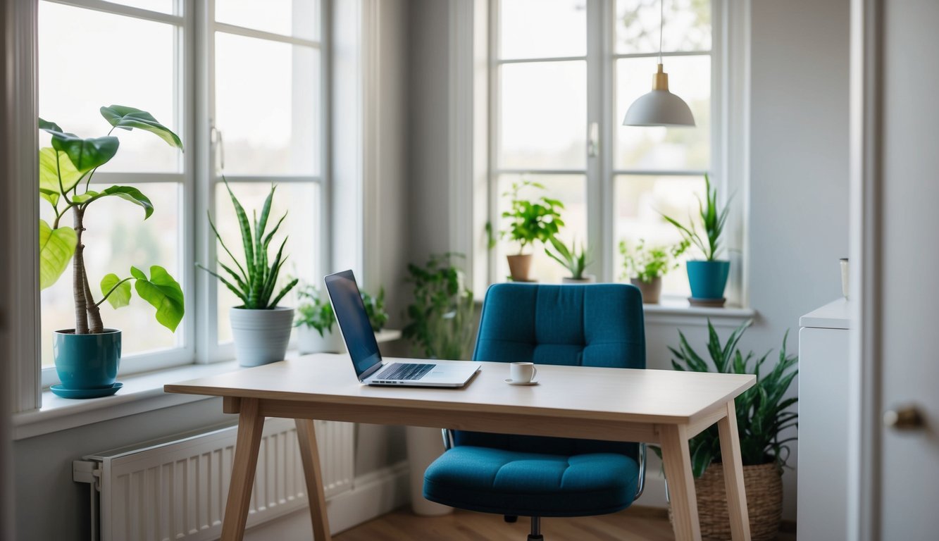 A cozy home office with a laptop, desk, and comfortable chair. A large window provides natural light, and plants add a touch of greenery