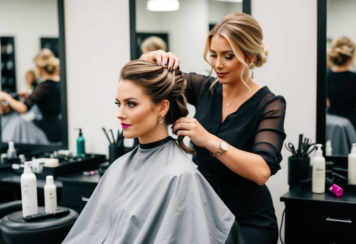 A woman sits in a salon chair, surrounded by hairstyling tools and products. A stylist carefully works on her hair, creating an elegant updo for a special occasion