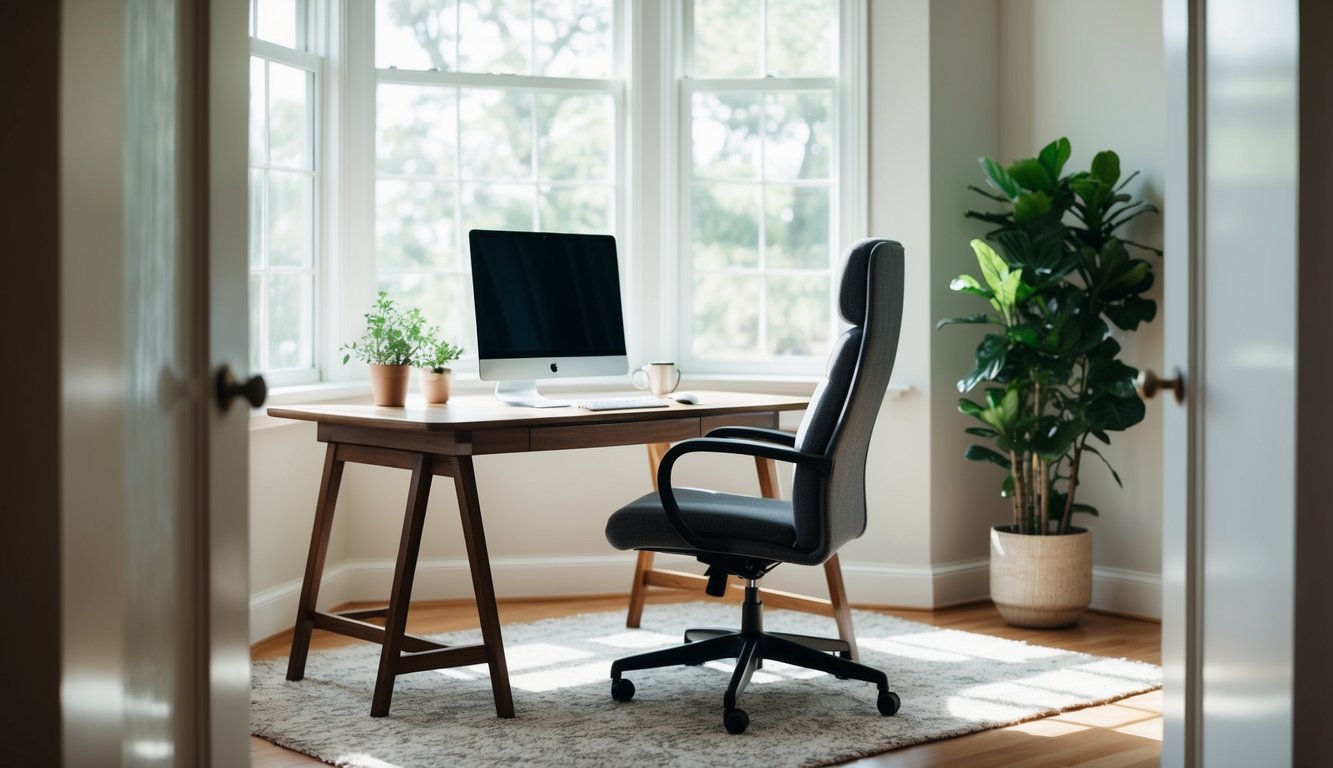 A cozy home office with a desk, computer, and comfortable chair. Natural light streams in through a window, and a potted plant adds a touch of greenery