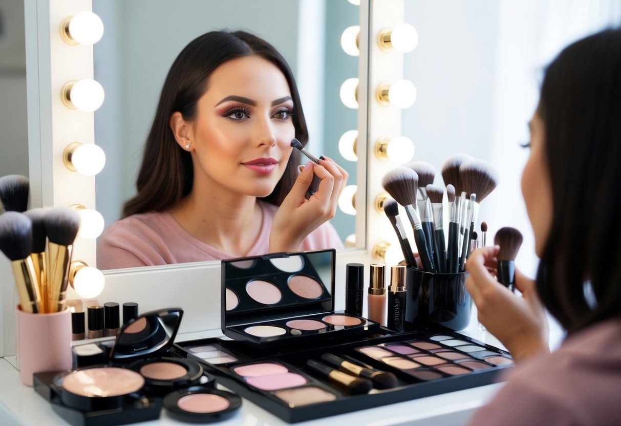 A makeup table with various cosmetics and brushes arranged neatly, a mirror reflecting the soft glow of a woman's face as she applies makeup with precision