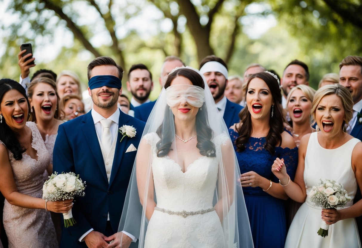 A bride wearing a veil stands behind the groom, who is blindfolded. They are surrounded by a group of excited wedding guests