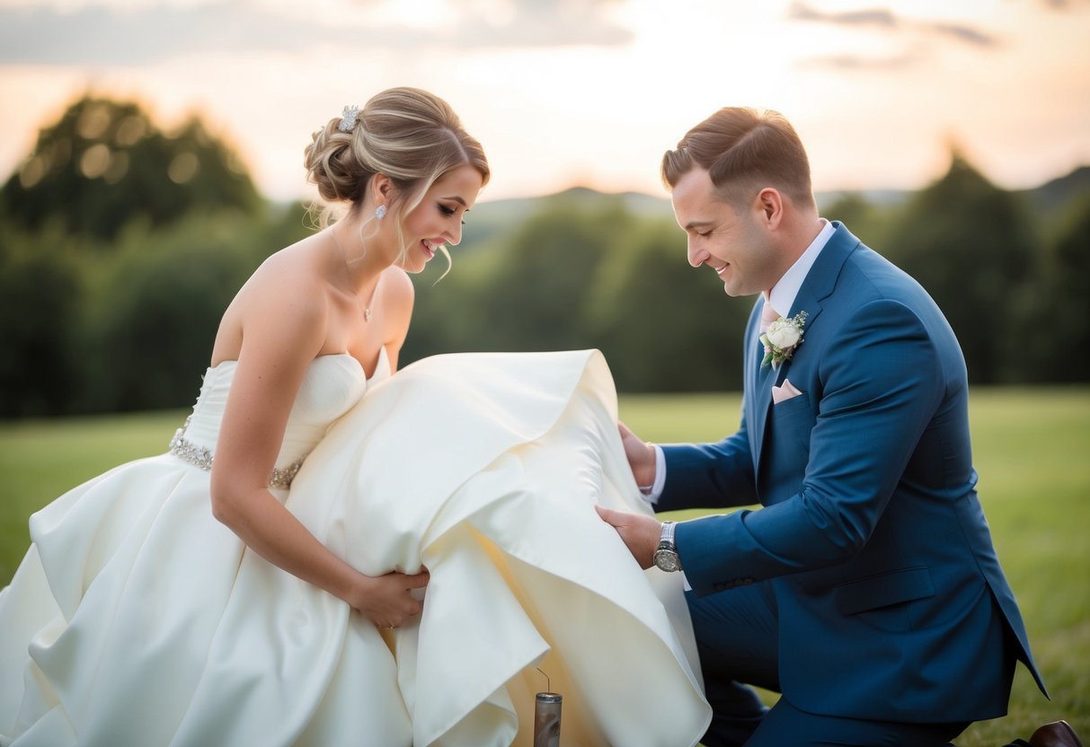 The groom kneels and lifts the bride's dress, revealing a hidden object