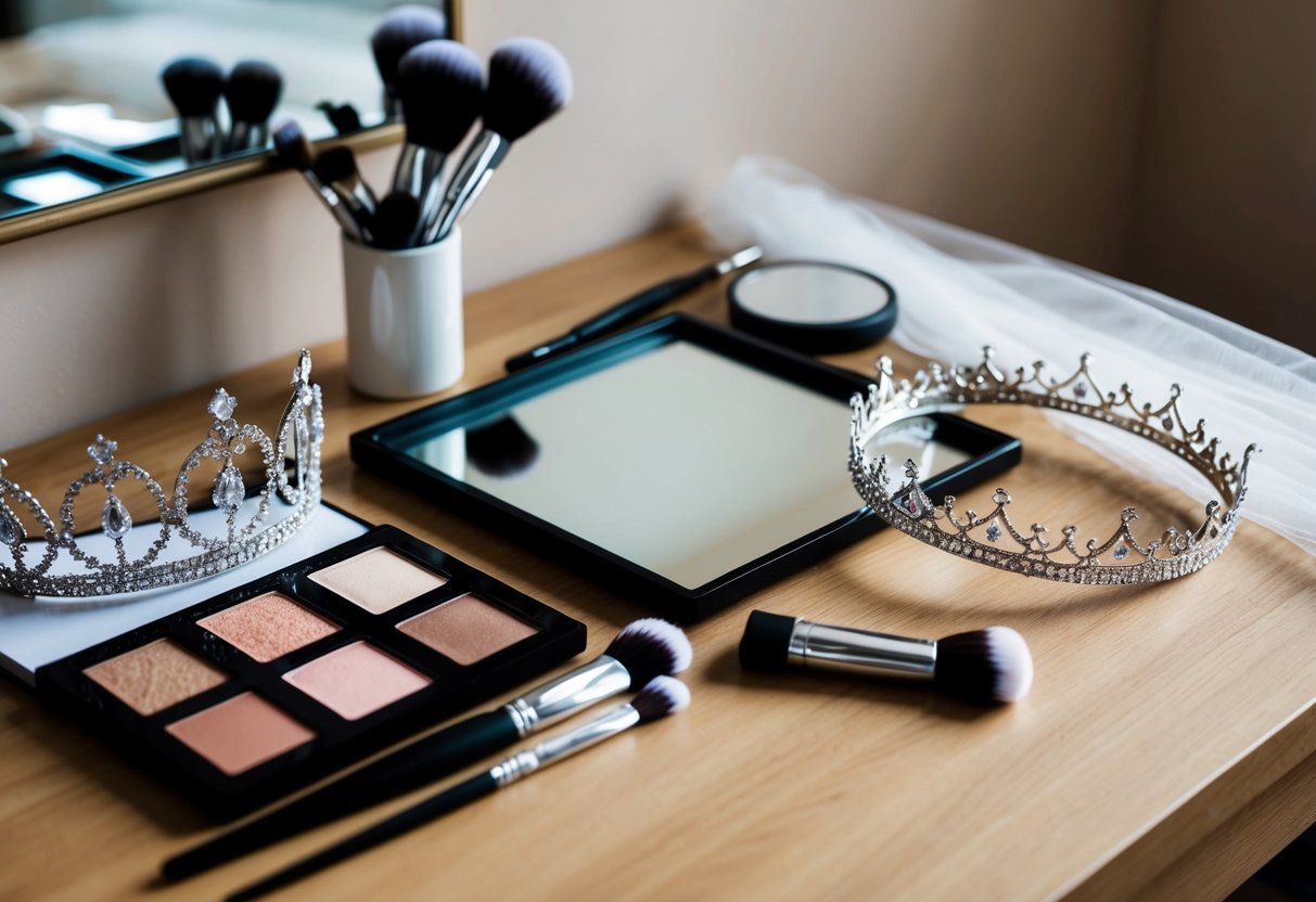 A makeup table with brushes, palettes, and a mirror. A tiara and veil are laid out nearby