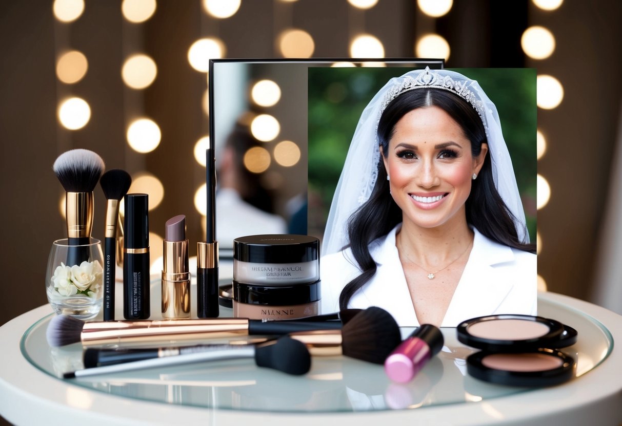A table with makeup products and a mirror, with a photo of Meghan Markle's wedding makeup for comparison