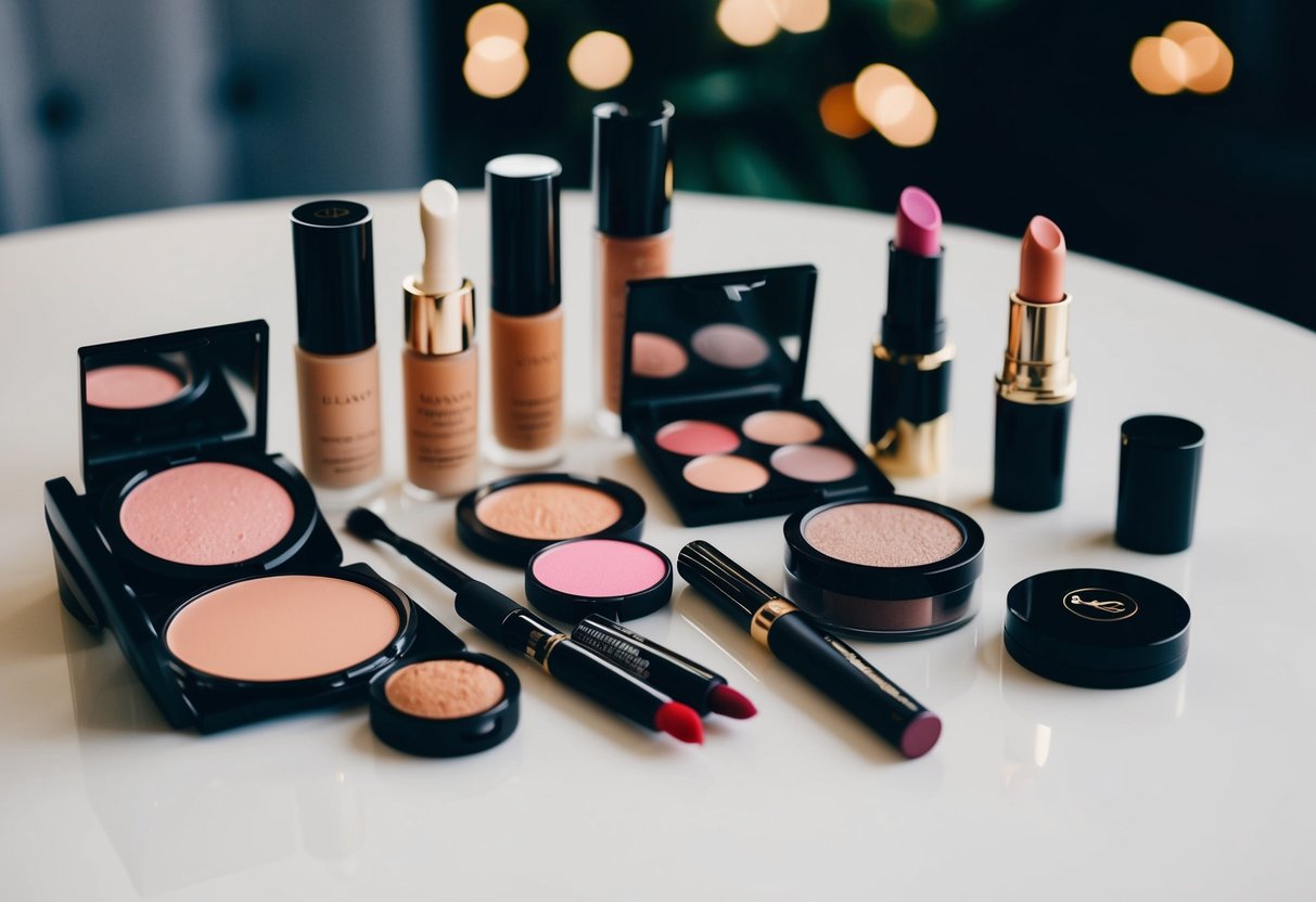 A table with various makeup products arranged neatly, including foundation, blush, eyeshadow, mascara, and lipstick