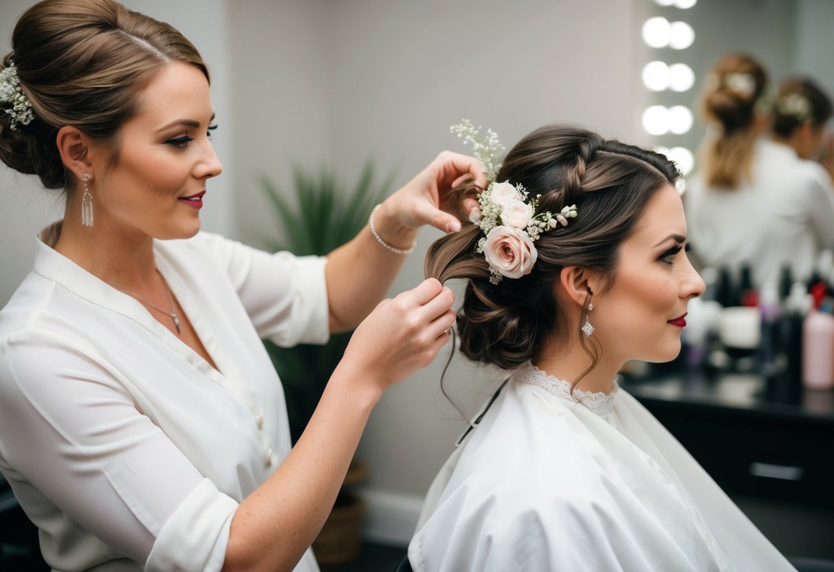 A hairstylist arranging bridal hair with flowers and ribbons