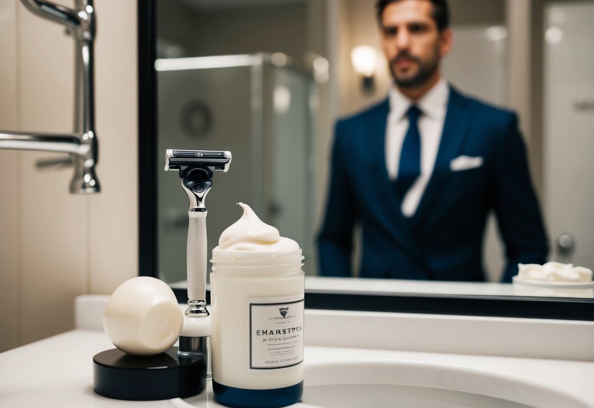 A close-up of a razor and shaving cream on a bathroom counter, with a mirror reflecting a well-groomed man in a suit
