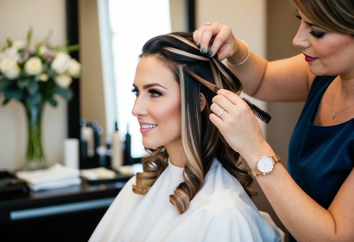 A hairstylist carefully applies color and highlights to a bride's hair, creating a radiant and elegant look for her wedding day