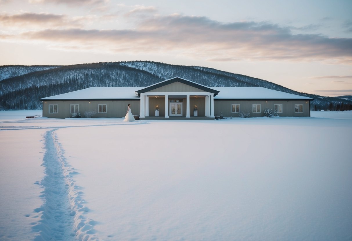 A deserted wedding venue in a snowy, barren landscape