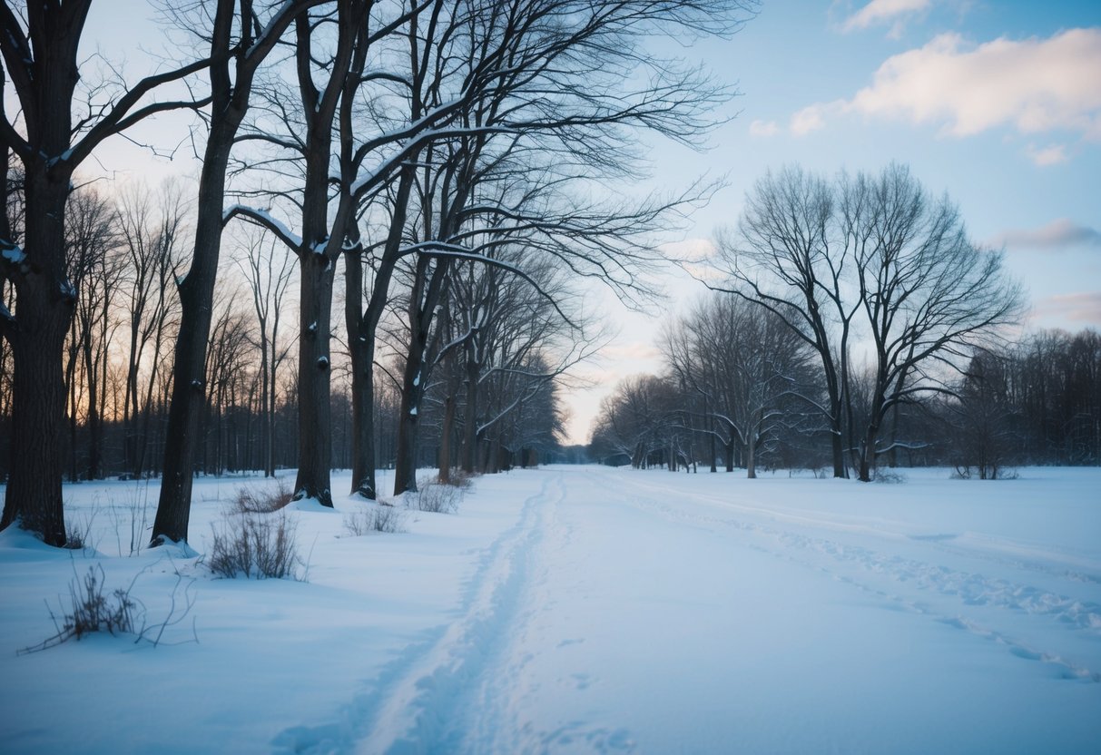 A desolate winter landscape with bare trees and snow-covered ground, indicating the least popular month for weddings