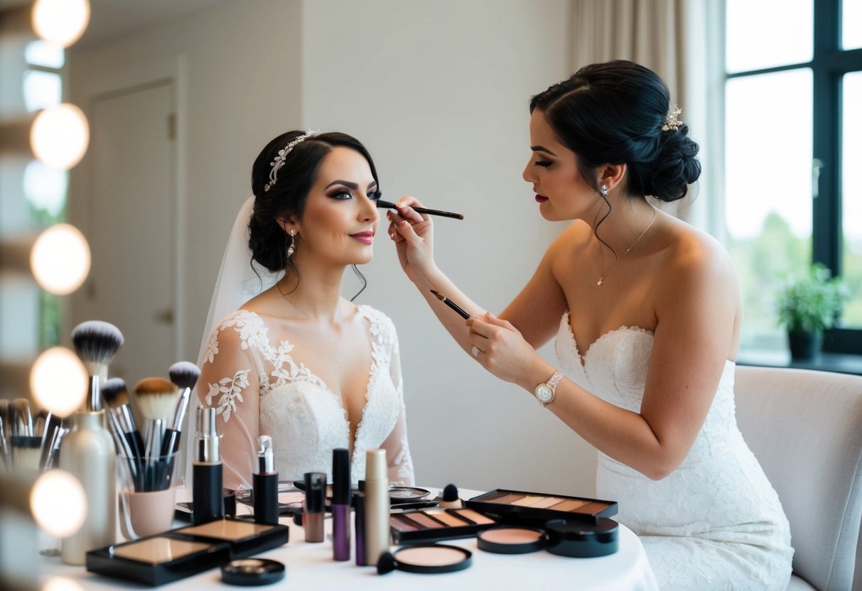 A bride sitting in a well-lit room, surrounded by a variety of makeup products and brushes, as a makeup artist carefully applies makeup to her face