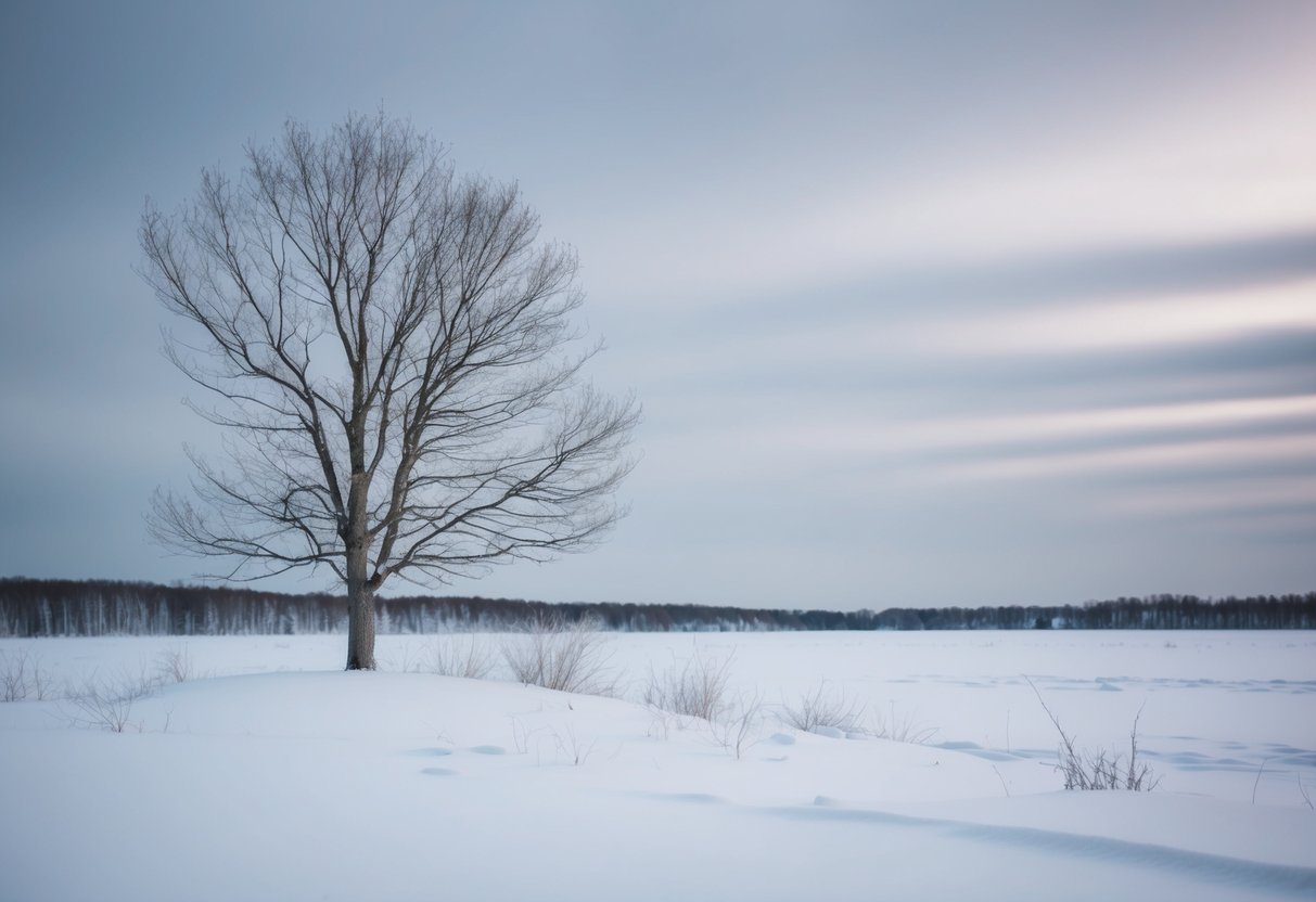 A barren, snow-covered landscape with a solitary tree, surrounded by a cold, gray sky